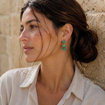 African Turquoise Triple Bead Earrings – Natural Gemstone Statement Stud Earrings