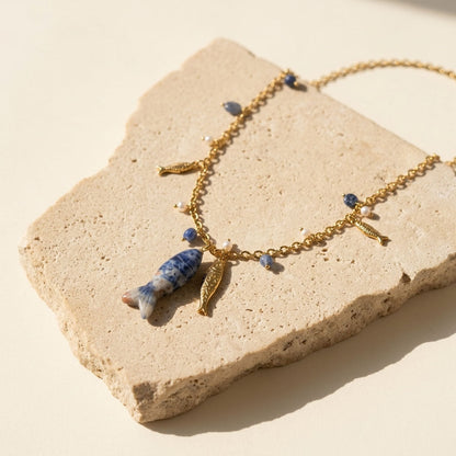 Sodalite Fish Pendant Necklace – Natural Gemstone & Pearl Charm Necklace