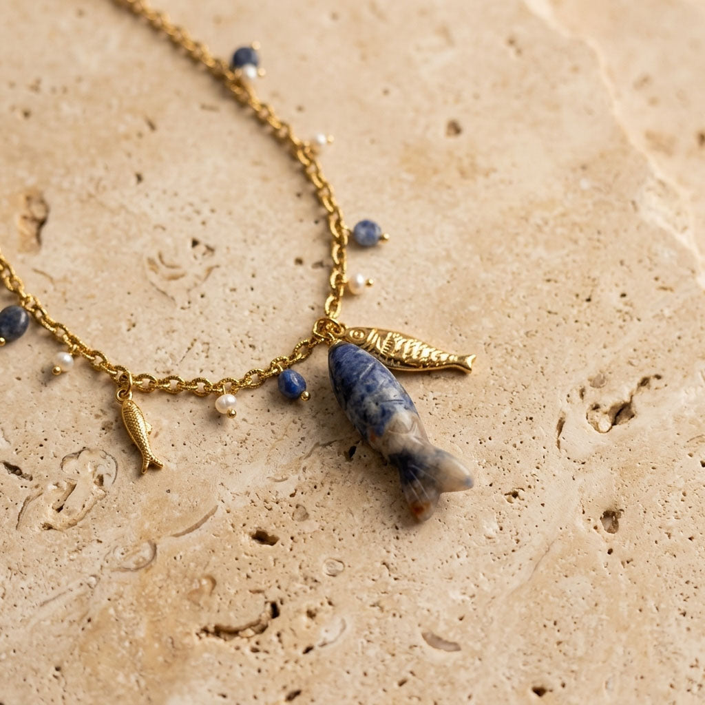 Sodalite Fish Pendant Necklace – Natural Gemstone & Pearl Charm Necklace