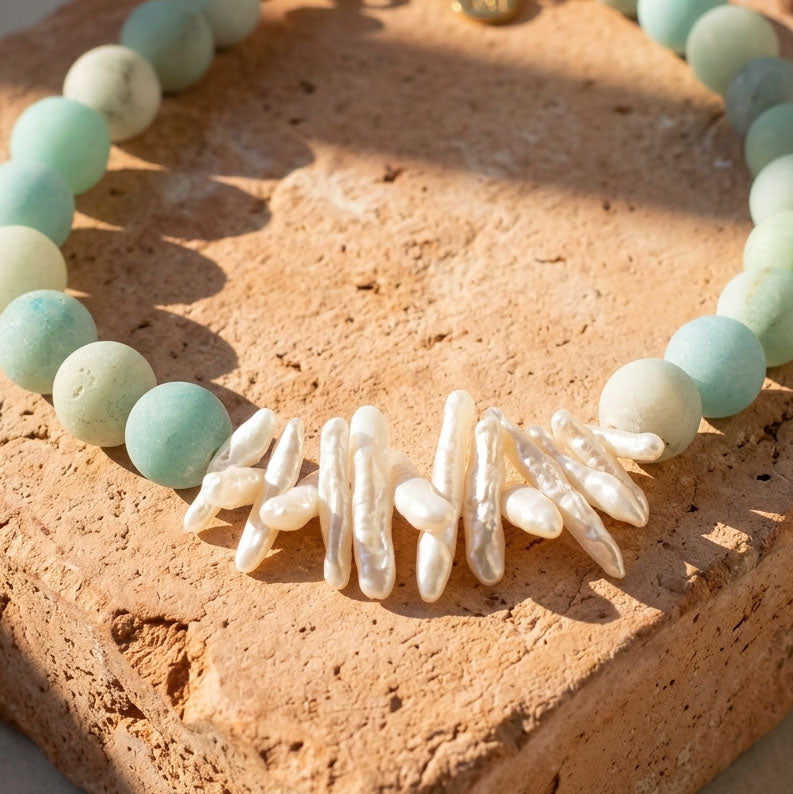 Amazonite Pearl Necklace – Natural Gemstone & Baroque Pearl Statement Necklace