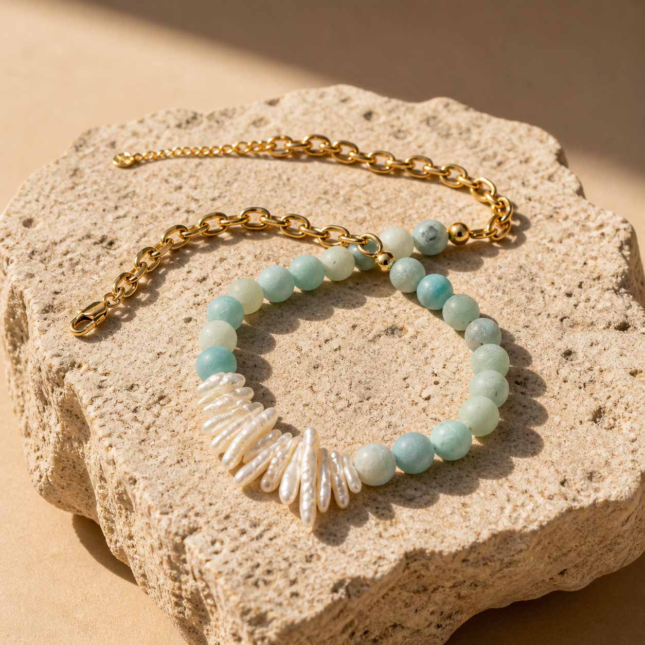 Amazonite Pearl Necklace – Natural Gemstone & Baroque Pearl Statement Necklace