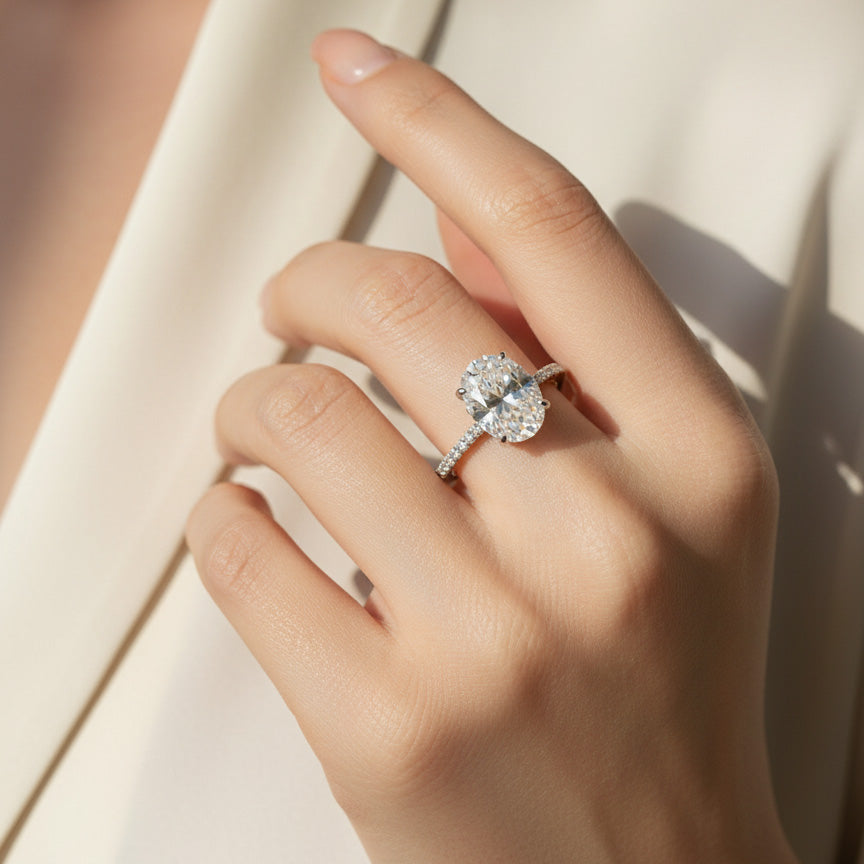 Oval Solitaire Moissanite Ring – 1ct, 2ct & 3ct Platinum Plated Sterling Silver