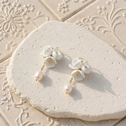 Porcelain Blossom Pearl Drop Earrings – 18K Gold Plated Floral Earrings