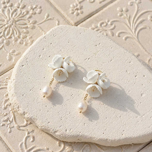 Porcelain Blossom Pearl Drop Earrings – 18K Gold Plated Floral Earrings