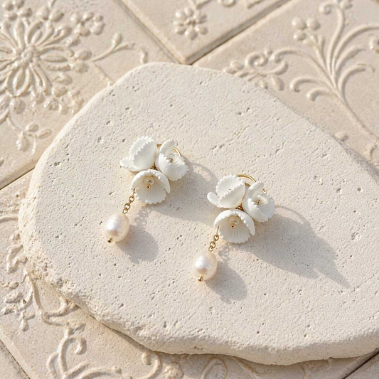 Porcelain Blossom Pearl Drop Earrings – 18K Gold Plated Floral Earrings