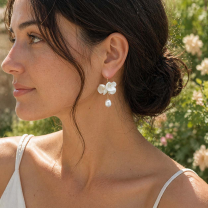 Porcelain Blossom Pearl Drop Earrings – 18K Gold Plated Floral Earrings