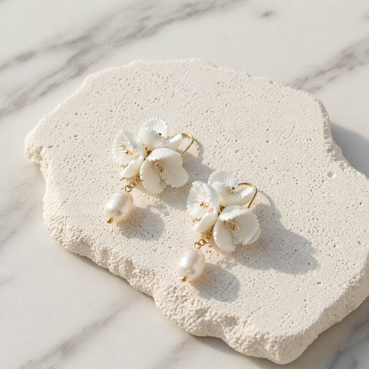 Porcelain Blossom Pearl Drop Earrings – 18K Gold Plated Floral Earrings