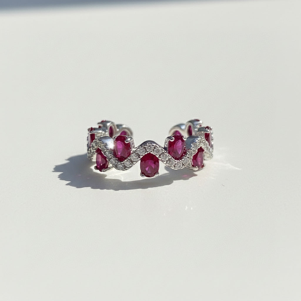 Ruby Moissanite Wave Ring – Platinum Plated Sterling Silver Stackable Ring