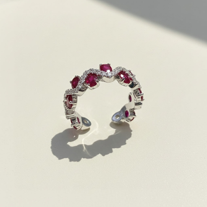 Ruby Moissanite Wave Ring – Platinum Plated Sterling Silver Stackable Ring