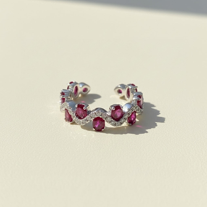 Ruby Moissanite Wave Ring – Platinum Plated Sterling Silver Stackable Ring