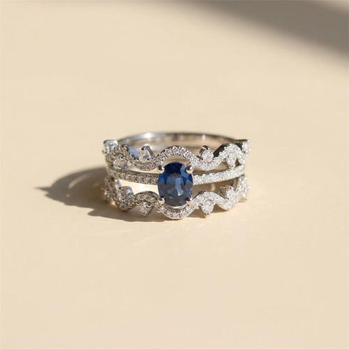 Sapphire Stackable Rings – Layered Moissanite Ring Set in Platinum Plated Sterling Silver