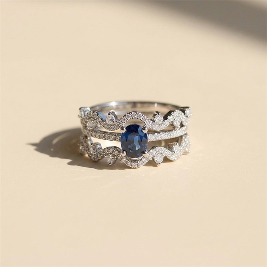 Sapphire Stackable Rings – Layered Moissanite Ring Set in Platinum Plated Sterling Silver