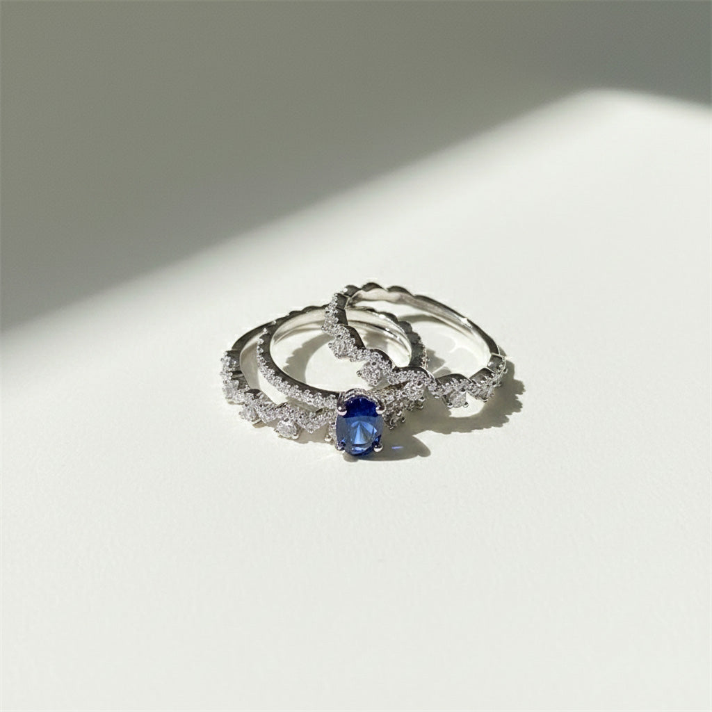 Sapphire Stackable Rings – Layered Moissanite Ring Set in Platinum Plated Sterling Silver