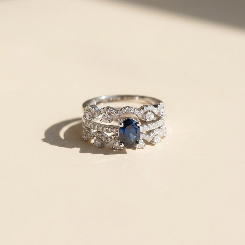 Sapphire Stackable Rings – Layered Moissanite Ring Set in Platinum Plated Sterling Silver