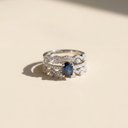 Sapphire Stackable Rings – Layered Moissanite Ring Set in Platinum Plated Sterling Silver