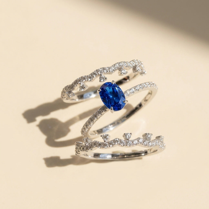 Sapphire Stackable Rings – Layered Moissanite Ring Set in Platinum Plated Sterling Silver