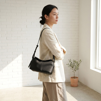 Curved Hobo Bag – Genuine Pebbled Leather Shoulder & Crossbody Bag