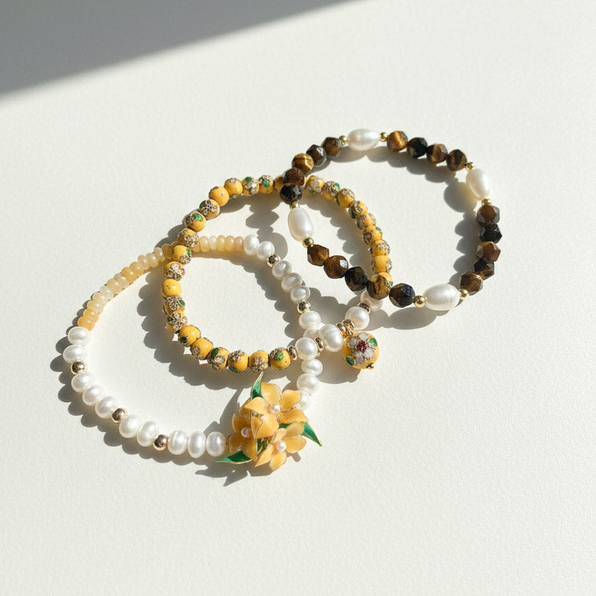 Yellow Blossom Cloisonné Bracelet Set – Handcrafted Floral Beaded Bracelet Trio