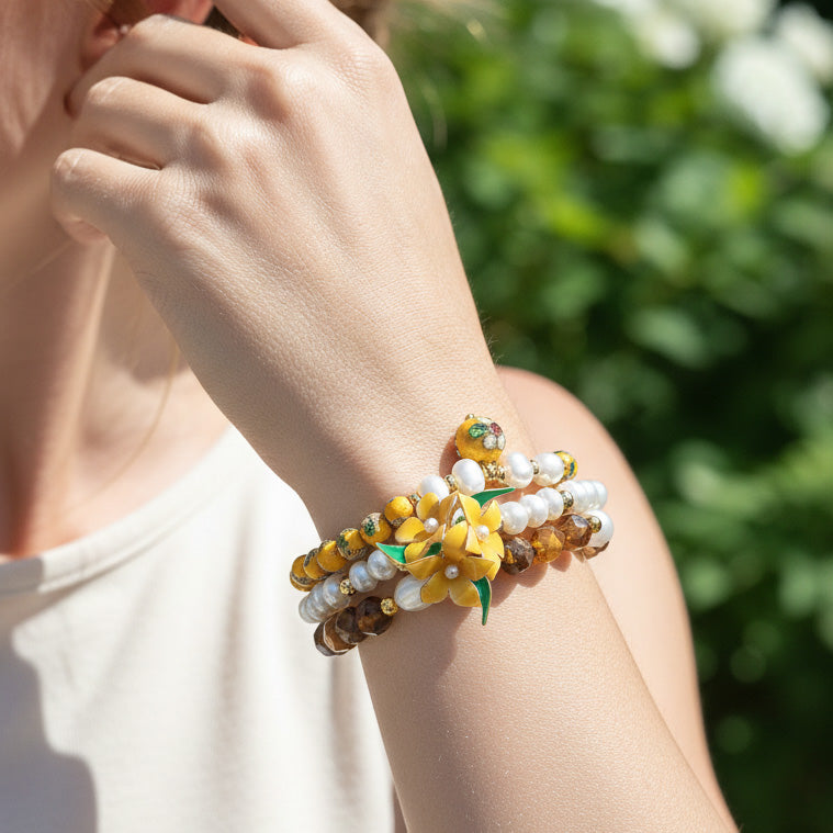 Yellow Blossom Cloisonné Bracelet Set – Handcrafted Floral Beaded Bracelet Trio