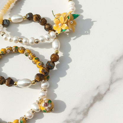 Yellow Blossom Cloisonné Bracelet Set – Handcrafted Floral Beaded Bracelet Trio