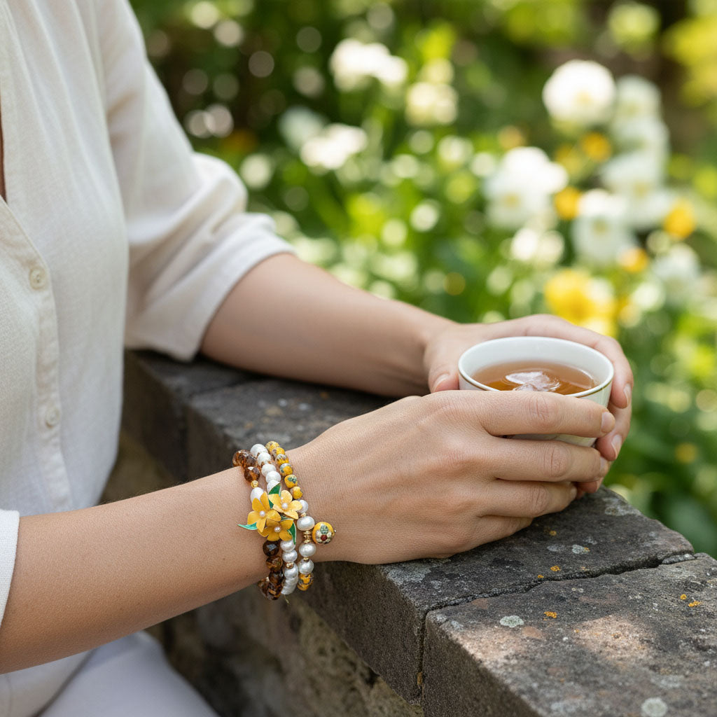 Yellow Blossom Cloisonné Bracelet Set – Handcrafted Floral Beaded Bracelet Trio