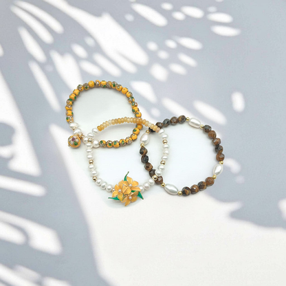 Yellow Blossom Cloisonné Bracelet Set – Handcrafted Floral Beaded Bracelet Trio