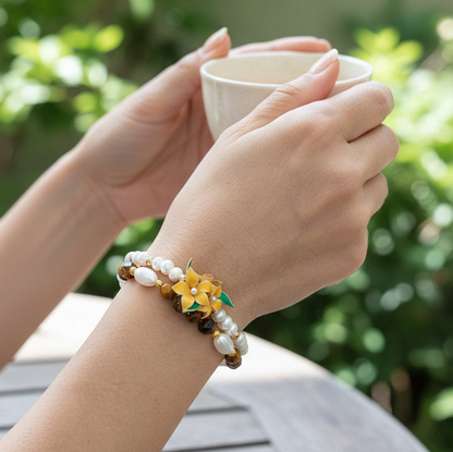 Yellow Blossom Cloisonné Bracelet Set – Handcrafted Floral Beaded Bracelet Trio